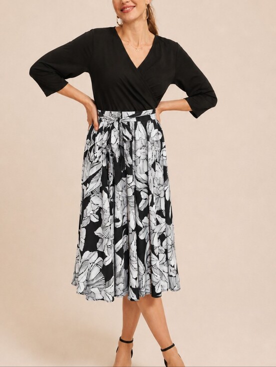 Kate And Lily Dresses & Skirts - Kate and Lily Faux Wrap Floral Midi Dress Black White Size 2X